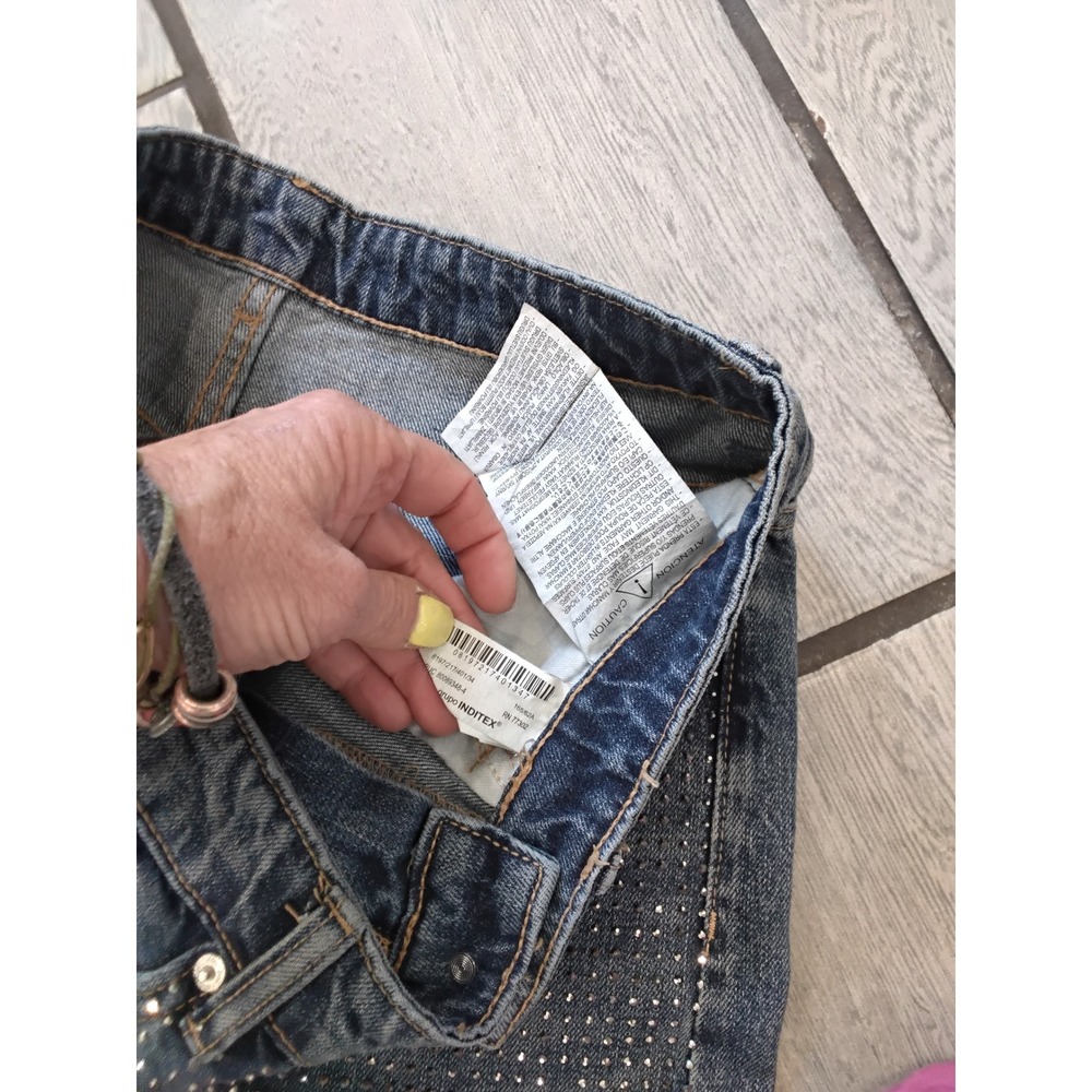 Zara Rhinestone Embellished Wide Leg Jeans Blue Denim High Rise Size 2 8197/217 - Picture 4 of 7